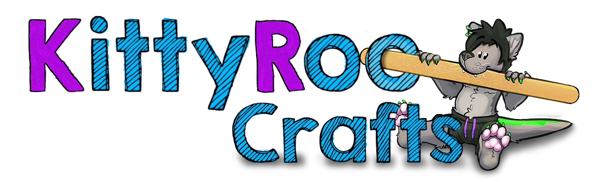 Logo saying "KittyRoo Crafts" with a toony version of the character Hectic